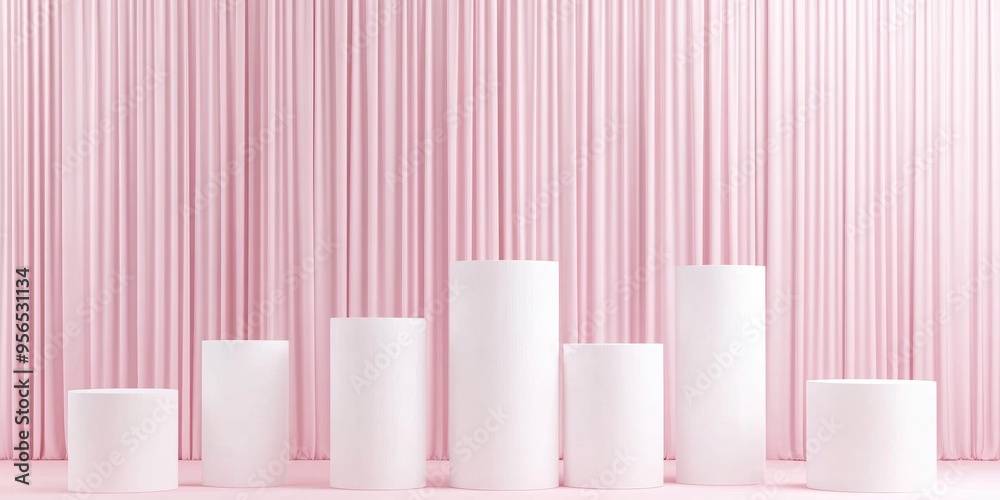 Fototapete White cylinder boxes arranged against a pink curtain backdrop for product showcasing 3D rendering Luxurious setting