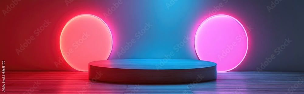 Poster 3D rendering studio featuring minimalist shapes and a podium on the floor Platforms designed for product presentation with an abstract background and a wooden backdrop