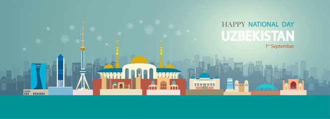 Naklejka premium Uzbekistan national day anniversary monument in Tashkent city. Anniversary and celebration with colorful architecture landmark modern building and ancient. Travel landmarks of Asia architecture.