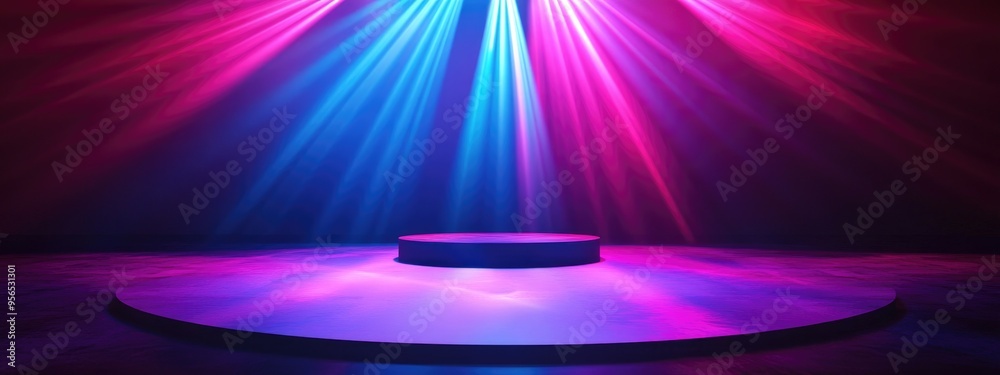 Poster Empty podium with a disco backdrop Rays of light illuminate a magical event Vibrant square stage design suitable for exhibitions Core demonstration area featuring a 3D rendered scene with gleaming