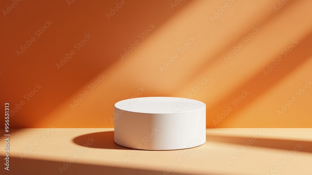 Poster simple minimal 3d render featuring a white cylinder podium on an abstract bright orange background w