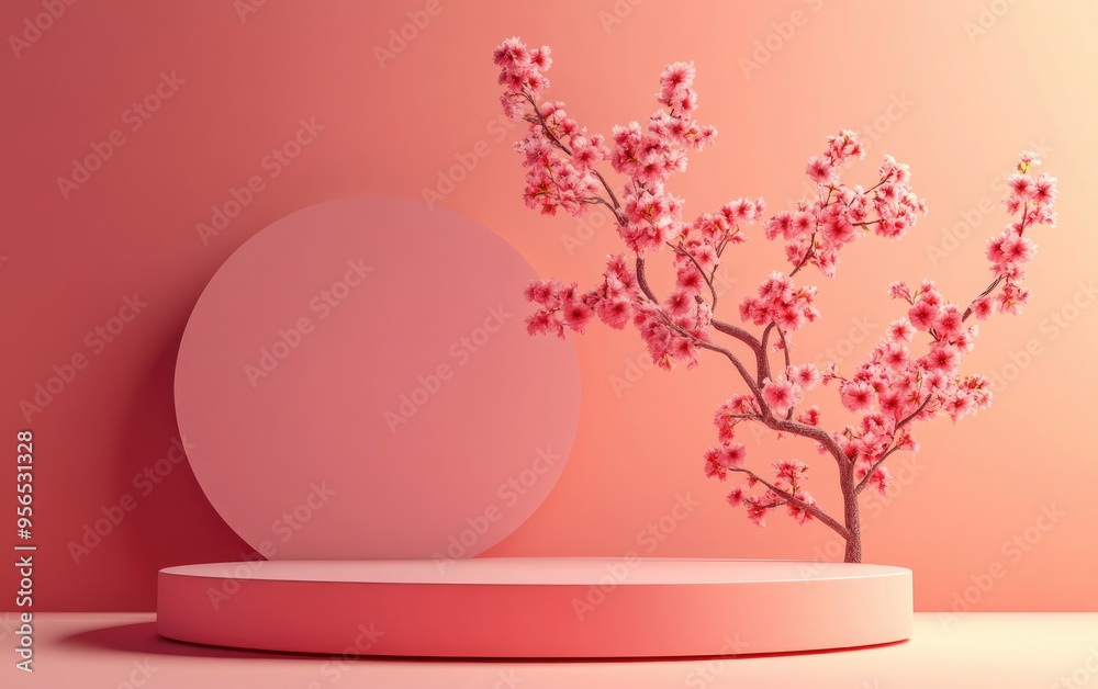 Poster abstract spring scene featuring a geometric levitation podium with a blossoming sakura tree against 