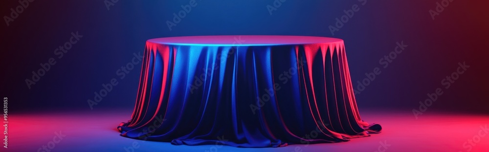 Poster presentation pedestal draped in blue fabric serving as a display for awards or prizes 3d render illu