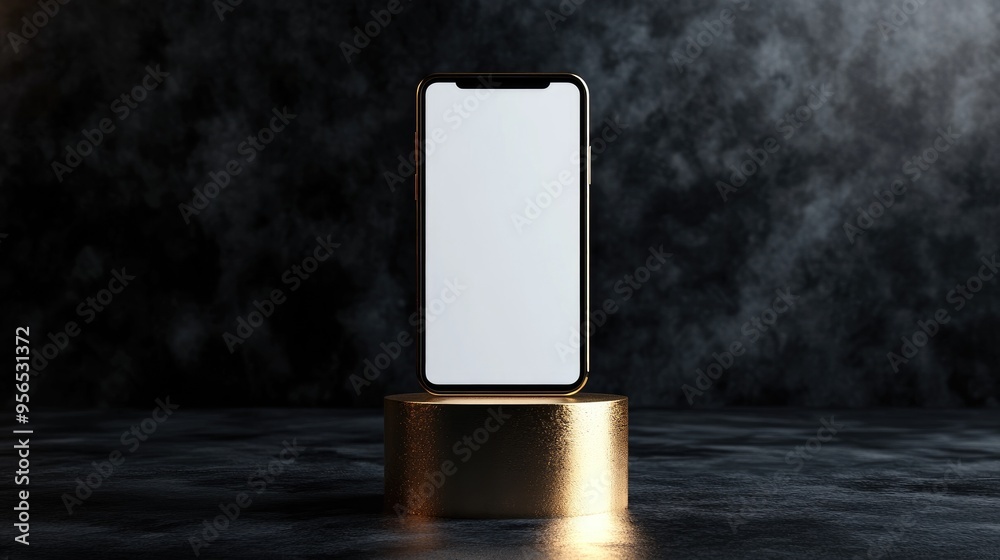 Poster minimalist white smartphone screen positioned on a golden cylinder against an abstract dark backdrop