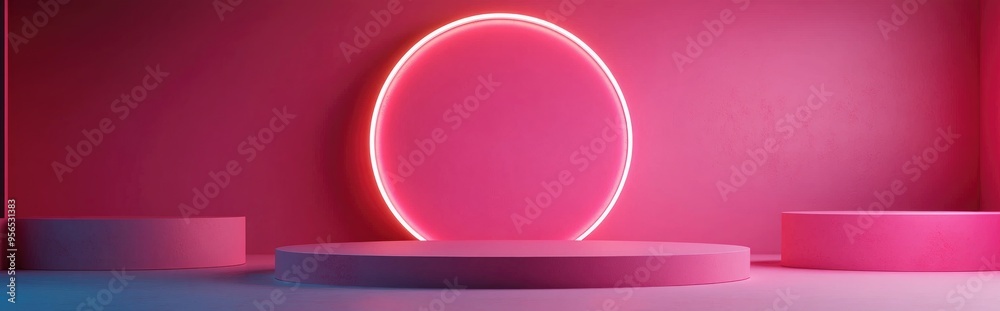 Poster pink podium set in a pink room with illuminated wall features 3d rendering