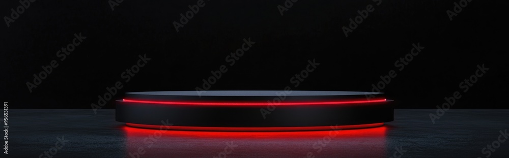 Aufkleber black podium with red light emission on a dark background for advertising display 3d rendering