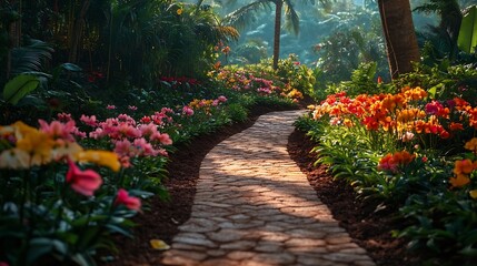 Path in tropical flower garden Indonesia June 28 2024 : Generative AI
