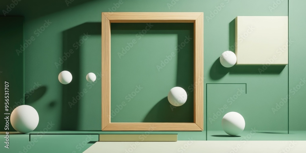 Aufkleber green scene with a wall and floor featuring a wooden frame and geometric shapes in 3d rendering