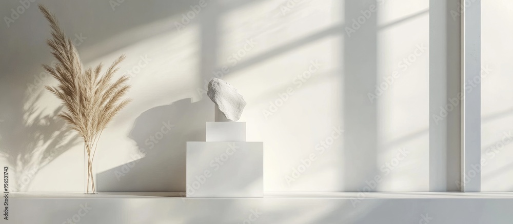 Poster white background featuring a pedestal and a display case in a 3d illustration