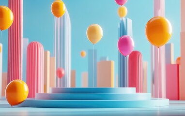 Advertising image of an online podium featuring dynamic lines suggesting movement sports and enjoyment Includes elements related to athleticism with colorful balloons and a vibrant urban backdrop