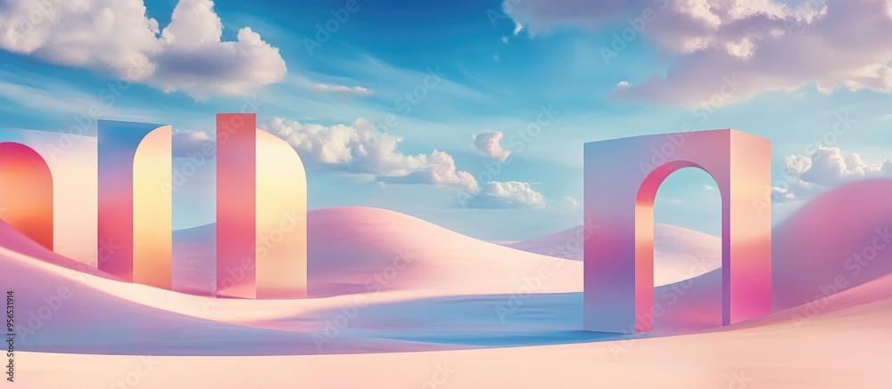 Poster surreal pastel landscape background featuring geometric shapes an abstract desert dune in a seasonal