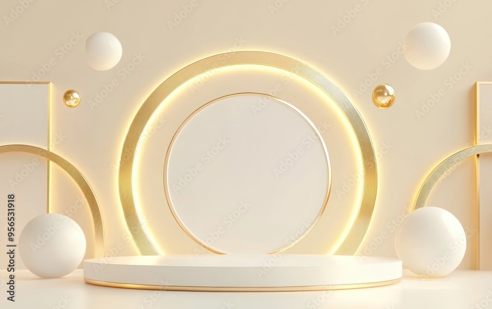 Poster Abstract background featuring simple geometric shapes in white and gold designed with a podium for cosmetic product display and promotional presentation Ample blank space available 3D render illus