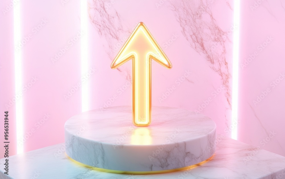 Poster gold glossy arrow up icon on a white marble podium modern symbol for websites social media presentat