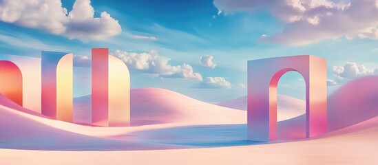 Surreal pastel landscape background featuring geometric shapes an abstract desert dune in a seasonal setting with arches creating a panoramic and futuristic scene complemented by a blue sky and clo