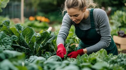 Fototapeta premium Woman harvesting chard from her vegetable garden : Generative AI