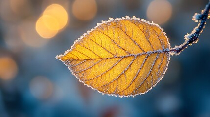 Obraz premium Frosted winter leaf of blackthorn or sloe shrub Prunus spinosa Rosaceae Macro close up of bright yellowgreenish leaf backlit by low sunlight with ice crystals isolated on blurred backg : Generative AI