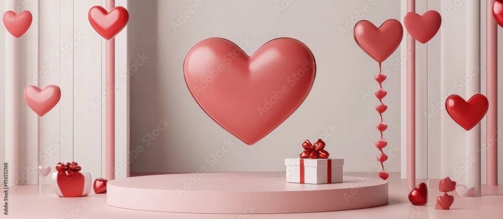 Poster valentine s day podium setup featuring a heart shaped 3d design and a gift box for product display 3