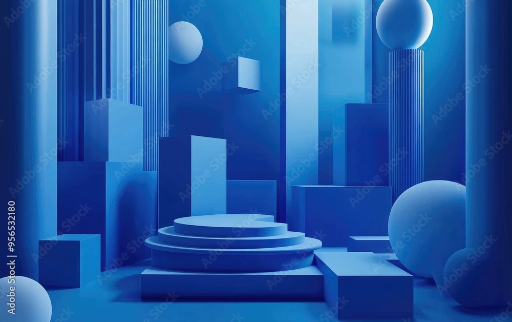 Aufkleber Abstract minimal 3D rendering featuring a blue geometric cylinder background along with cubes and various forms Contemporary design suitable for presentations branding templates and banners with s