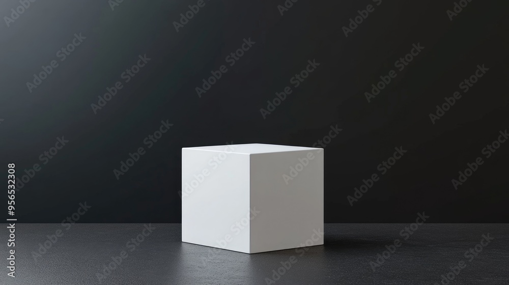 Poster minimalist white cube pedestal for showcasing products square frame mockup black background display 