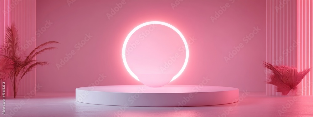 Poster empty 3d rendered studio featuring white geometric podium on the floor abstract platforms for produc