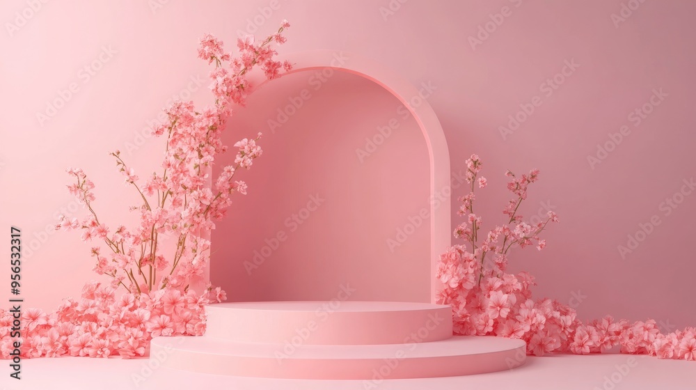Poster elegant podium on a soft pink background holiday greeting card for valentine s day featuring a roman