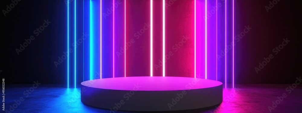 Poster Abstract light lines in a white circular pedestal 3D rendering