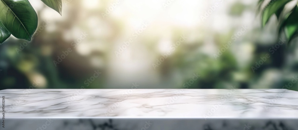 Poster White stone marble tabletop with a blurred abstract background ideal for showcasing or displaying products