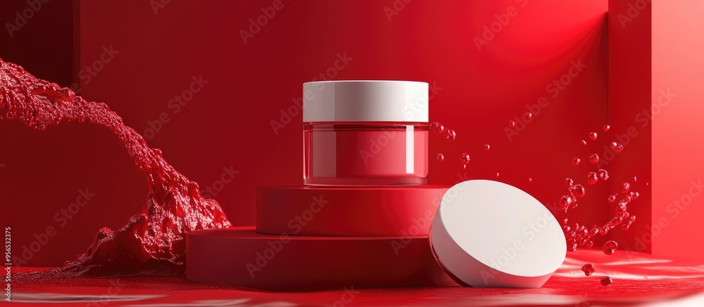 Poster Cosmetic products displayed against a red backdrop 3D rendering design