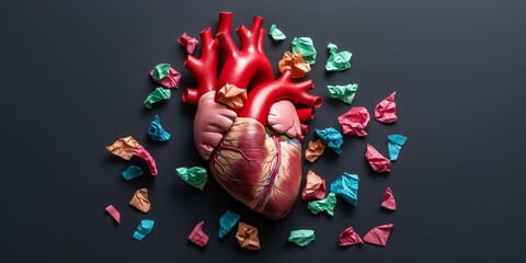 A detailed and realistic anatomical model of a human heart lies on a dark backdrop, surrounded by colorful crumpled paper, highlighting the complexity and beauty of human anatomy.