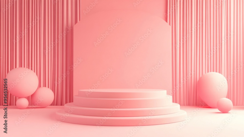 Poster Premium podium and stand with a pastel light pink background 3D rendering layout featuring a geometric cube composition