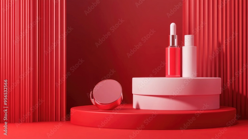 Poster red podium showcasing cosmetic products in a geometric style 3d rendering