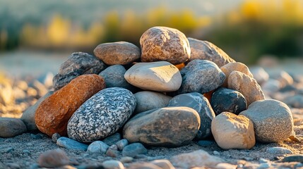a pile of rocks sitting on bare ground The rocks are all different sizes and colors with some being round and smooth and others being angular and rough : Generative AI