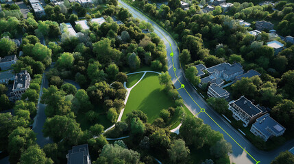 A top-down view of a residential area near a park, with green markers highlighting properties adjacent to the park and yellow lines tracing the paths and property boundaries.