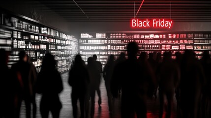 Black Friday silhouette in dark supermarket with bright light and empty shelves, hyper-realistic