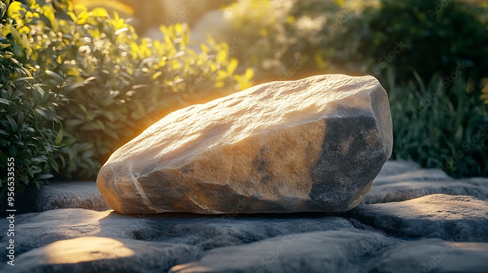 Aufkleber product display podium rock stone with blurred background with sunlight shadow : generative ai