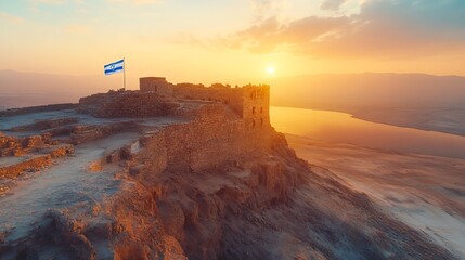 Beautiful sunrise over Masada fortress Ruins of King Herods palace in Judaean Desert Flag of Israel fluttering on Masada : Generative AI