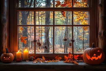 Obraz premium Rustic Window Sill with Autumn Halloween Pumpkins, Candles, and Fall Leaves in Old Farmhouse. AI generated illustration.