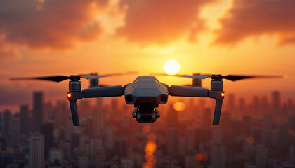 A drone is gracefully flying over a beautiful city during sunset