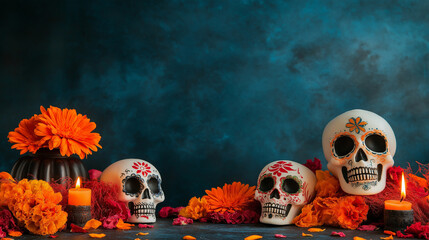 A detailed shot of a Halloween altar with colorful flowers, candles, and sugar skulls, celebrating the Day of the Dead.