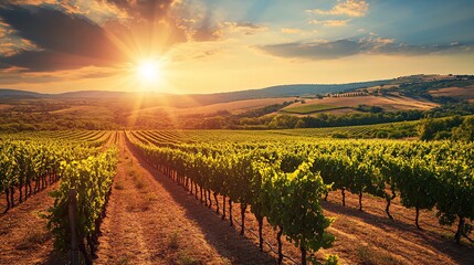 Fototapeta premium A scenic view of a vineyard at sunset with rolling hills in the background.