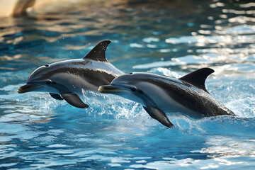 A pair of dolphins swimming in tandem through the water.


