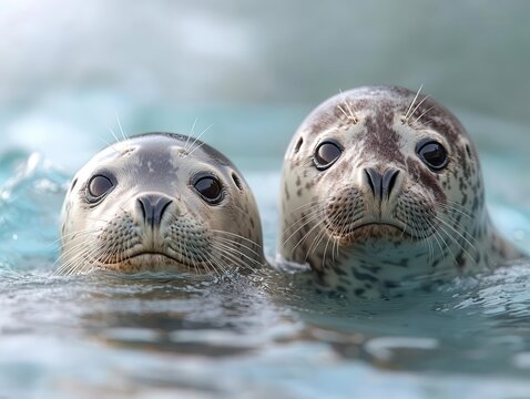 Leopard seals swimming in icy waters exhibit dynamic motion as they interact with other wildlife, including sea lions.