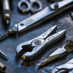 Fototapeta premium A Collection of Metal Scissors and Tools on a Wooden Tabletop