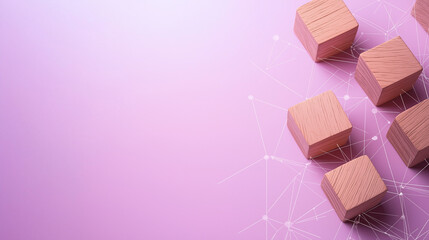 Soft pastel background with a gradient of lilac and blush, featuring wooden blocks and connecting lines, symbolizing the role of social media in fostering business relationships.