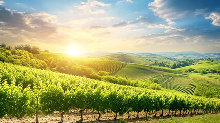 Fototapeta premium Rolling hills with vineyard rows at sunset.