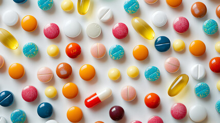 A colorful assortment of pills and capsules scattered on a white background.