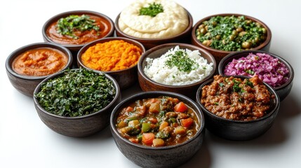 Ethiopian injera with assorted stews on a white background