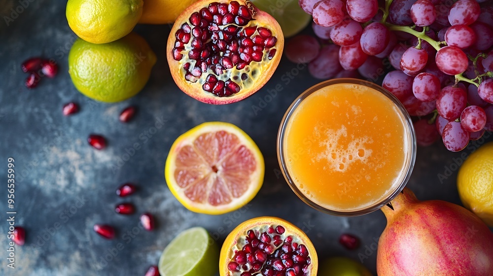 Wall mural delicious seasonal fruit still life with small lemons a pomegranate some paraguayans passion fruit h