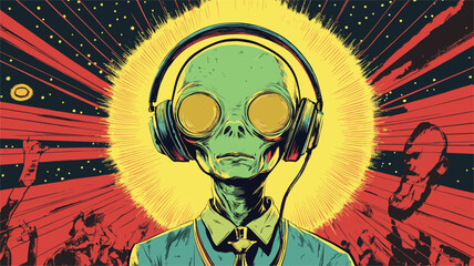 vector alien in headphones at a rave in yellow and blue colors in pin-up style on the background of rays .Generative AI