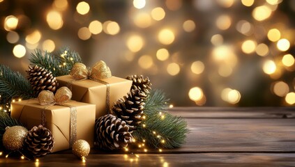 Christmas background with golden gift boxes, pine cones, and bokeh lights on wooden table